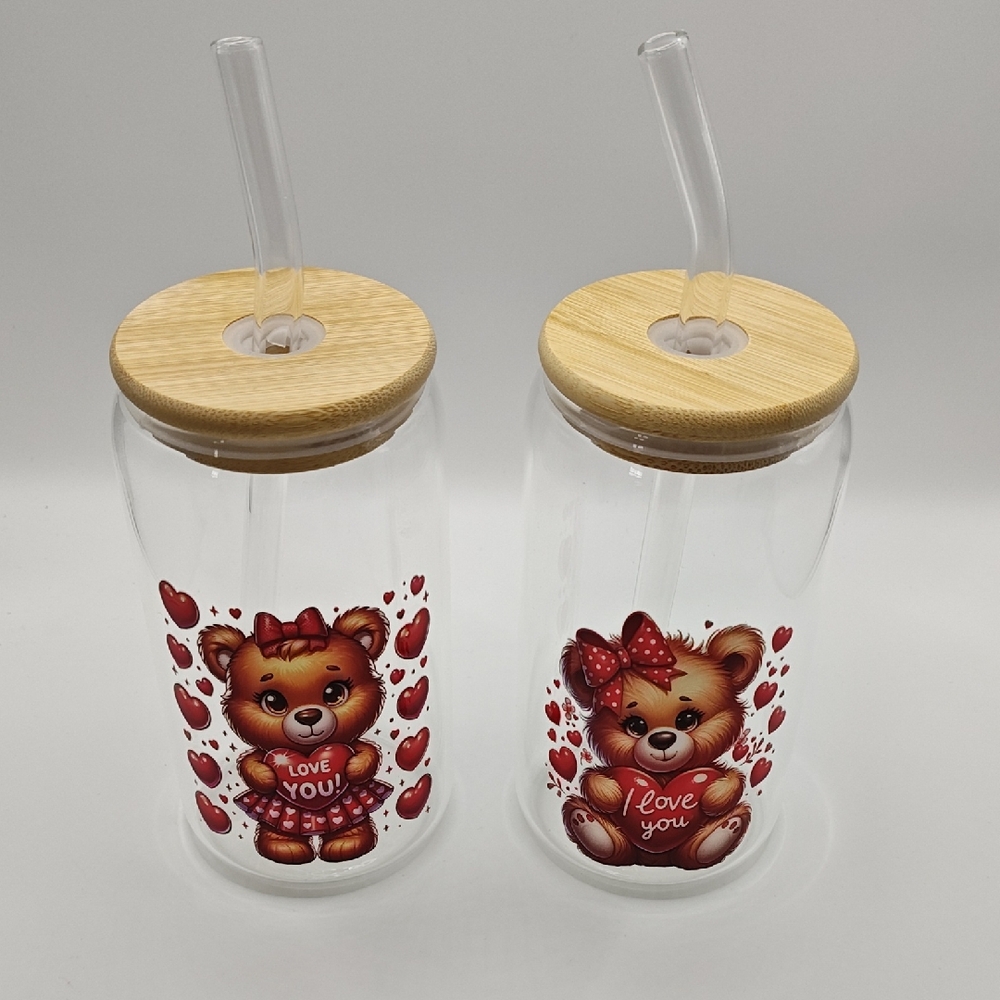 Cute Bear Glass Drinking Cup Jar with Bamboo Lid and Straw - Red Heart Design